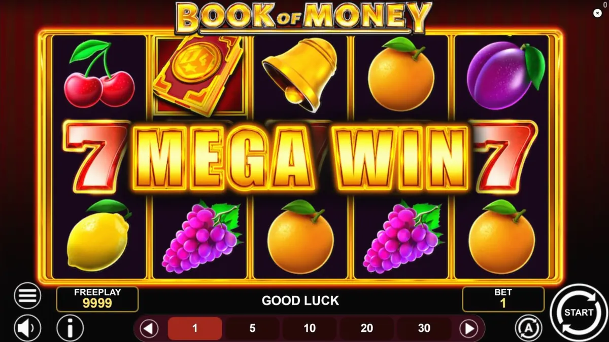 Tampilan visual slot Book of Money dengan simbol buah dan buku kuno