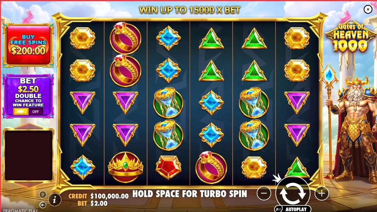 Tampilan antarmuka seluler slot Gates of Heaven 1000 dengan latar belakang istana awan Zeus.